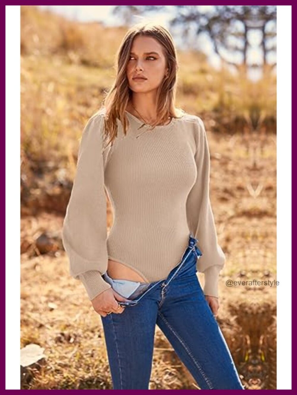 Long Puff Sleeve Crewneck Knit Ribbed Bodysuit Sweater for Women - Picture 4 of 6